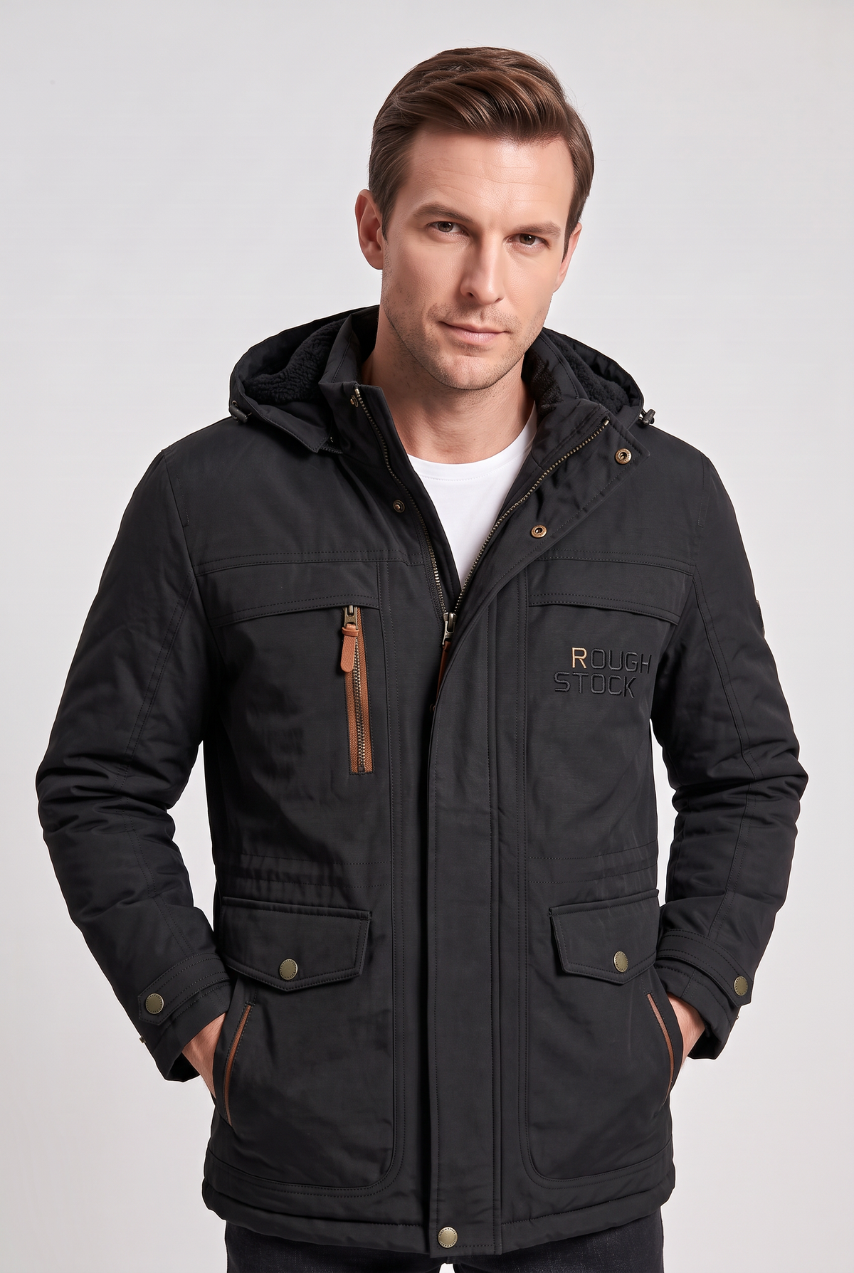 Parka doublée polaire homme à capuche mi-longue zippée avec poches poitrine 1