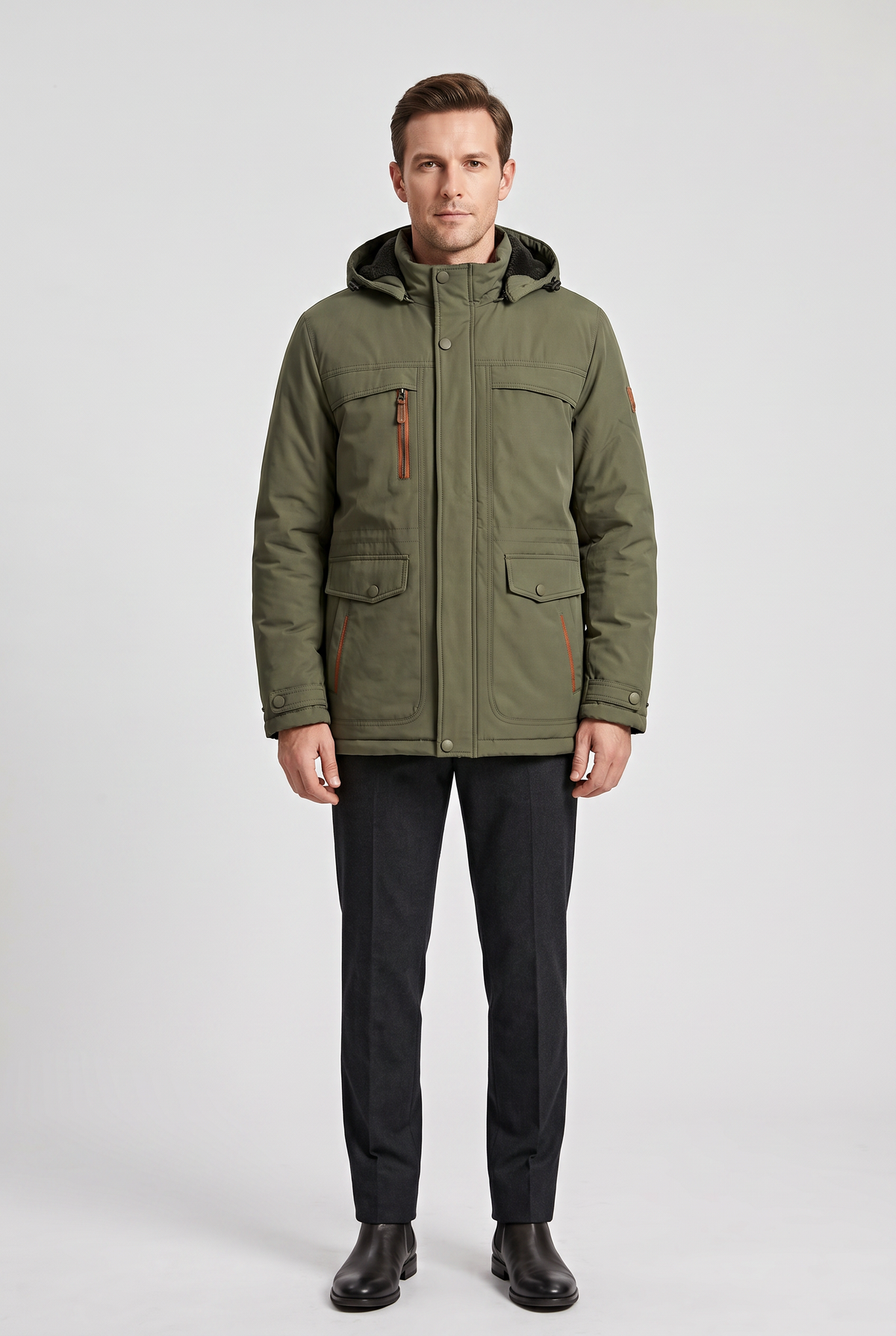 Parka doublée polaire homme à capuche mi-longue zippée avec poches poitrine 4