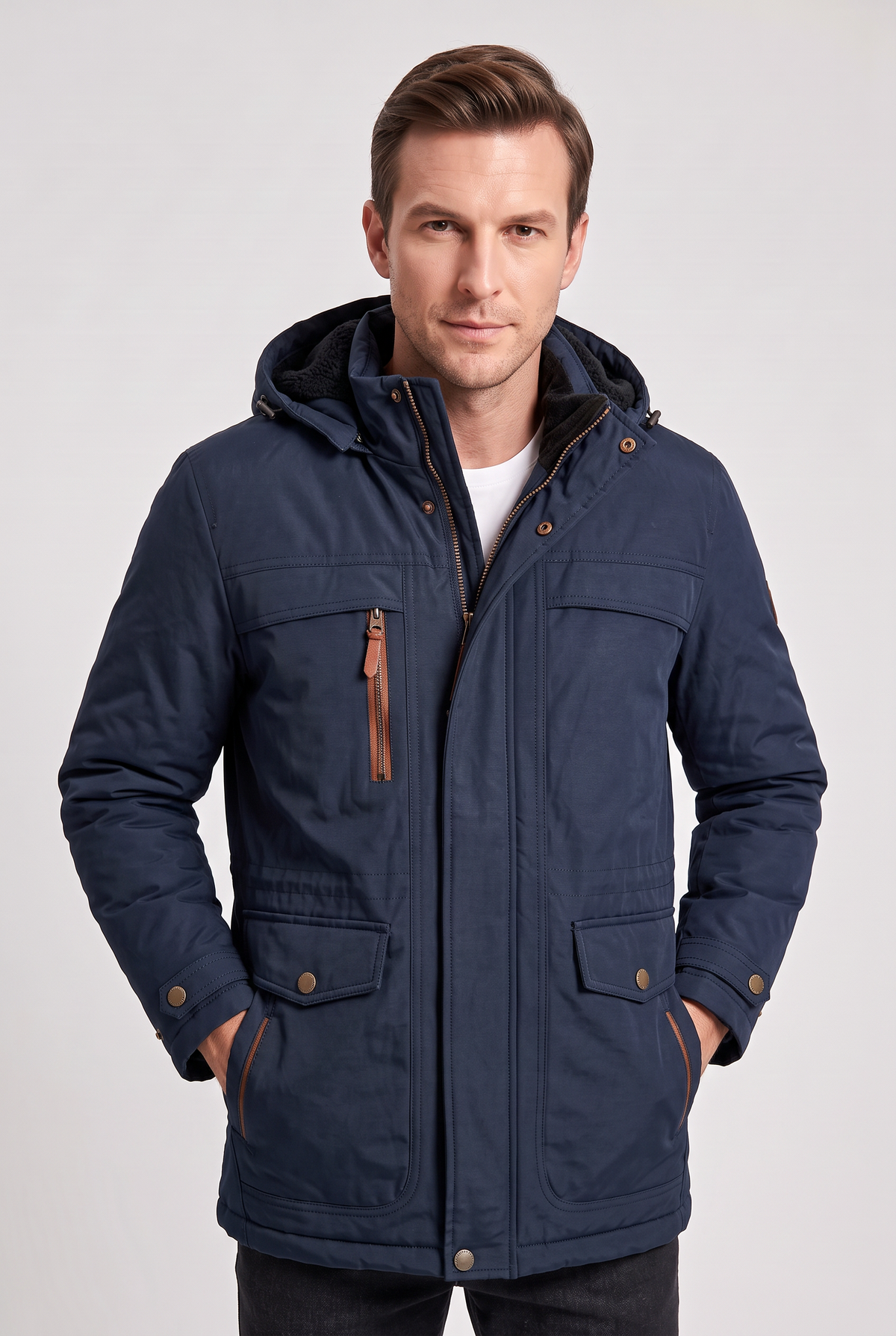 Parka doublée polaire homme à capuche mi-longue zippée avec poches poitrine 5