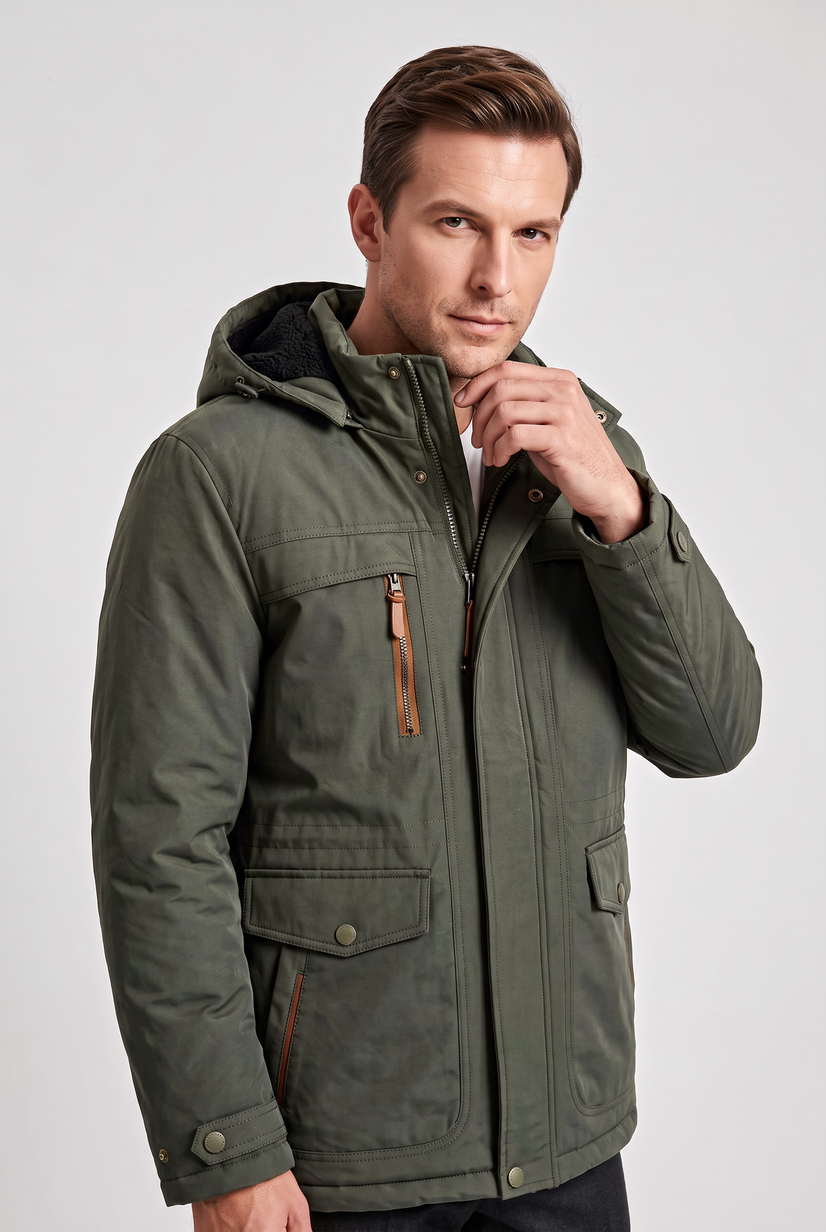 Parka doublée polaire homme à capuche mi-longue zippée avec poches poitrine 6