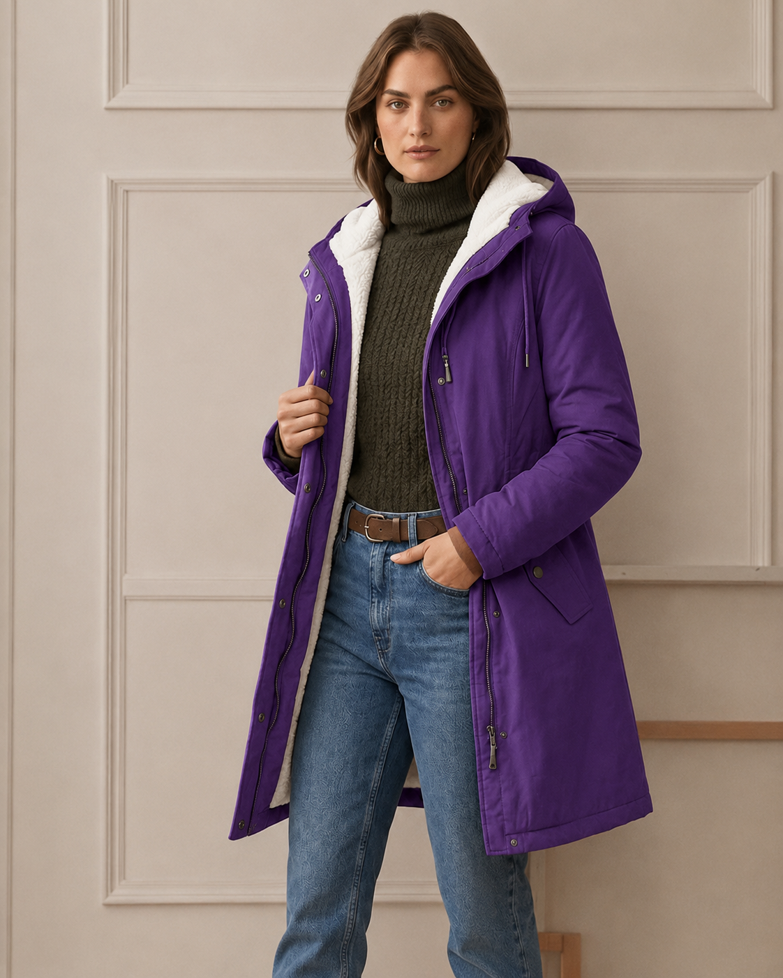 Parka femme à capuche doublée polaire mi-longue 24