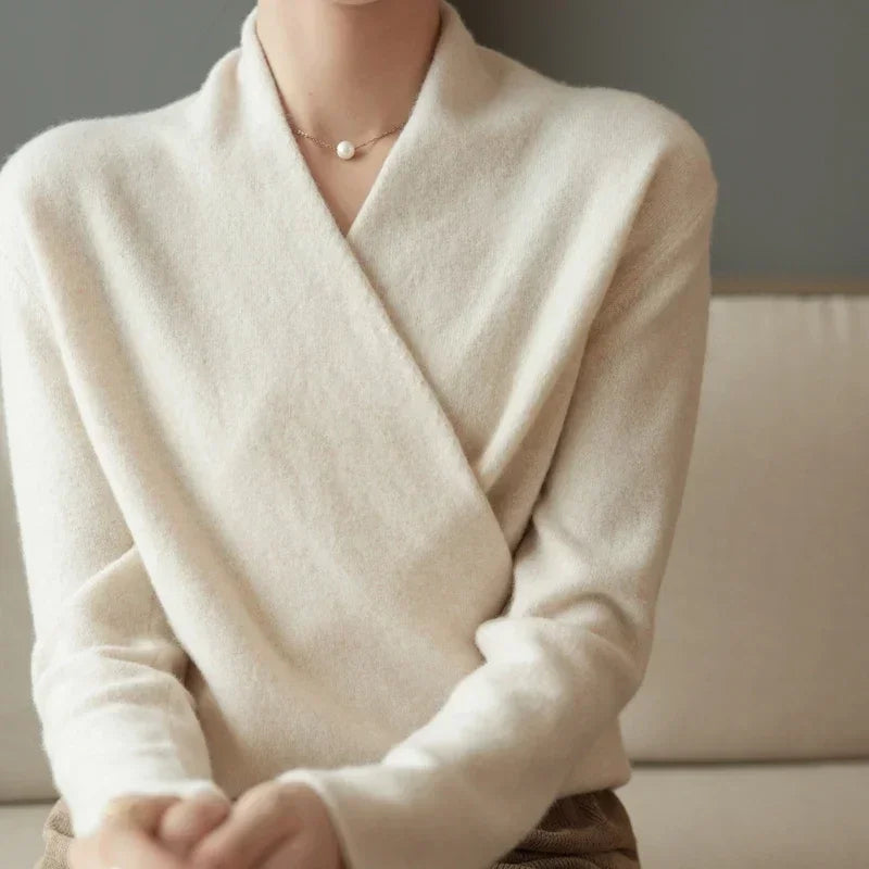 Pull cache-cœur femme col en V en maille manches longues 2