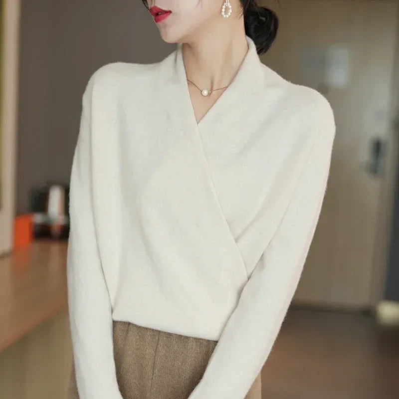 Pull cache-cœur femme col en V en maille manches longues 3