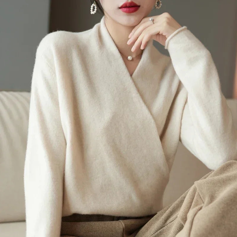 Pull cache-cœur femme col en V en maille manches longues 7