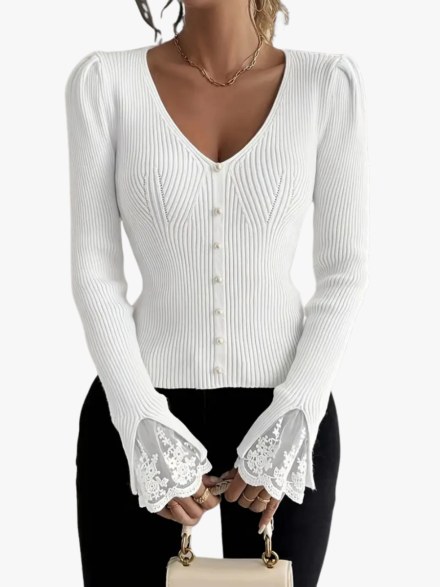Pull col en V femme en maille côtelée à manches évasées et dentelle 2