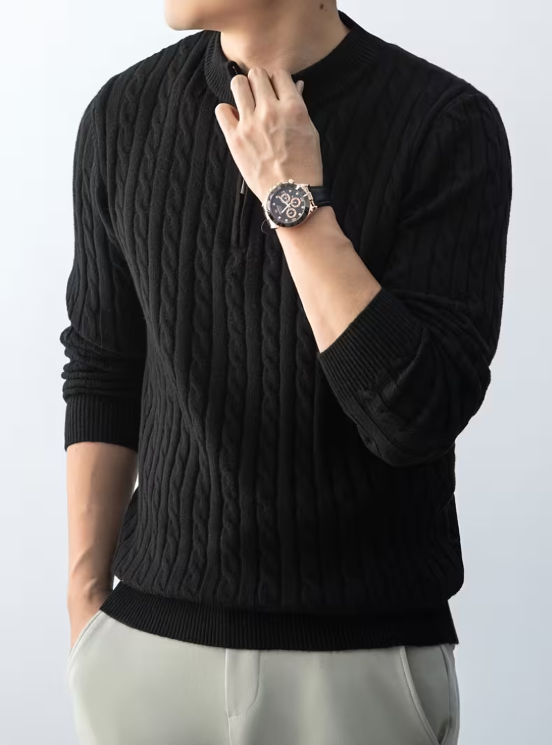 Pull col montant zippé homme en maille torsadée 1