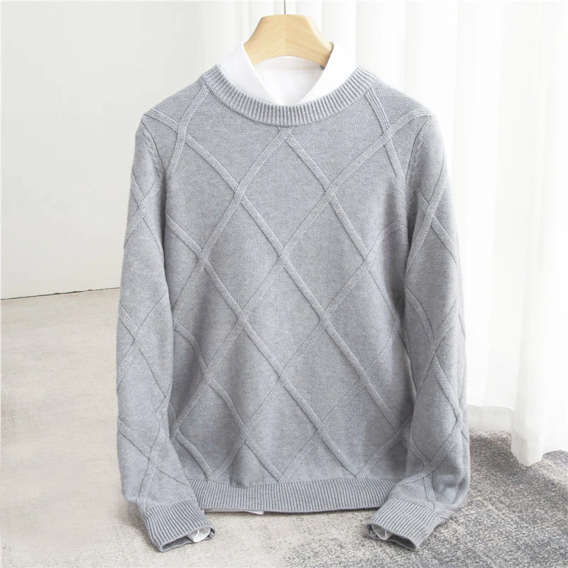 Pull col rond homme en laine à motif argyle et bords-côtes 3