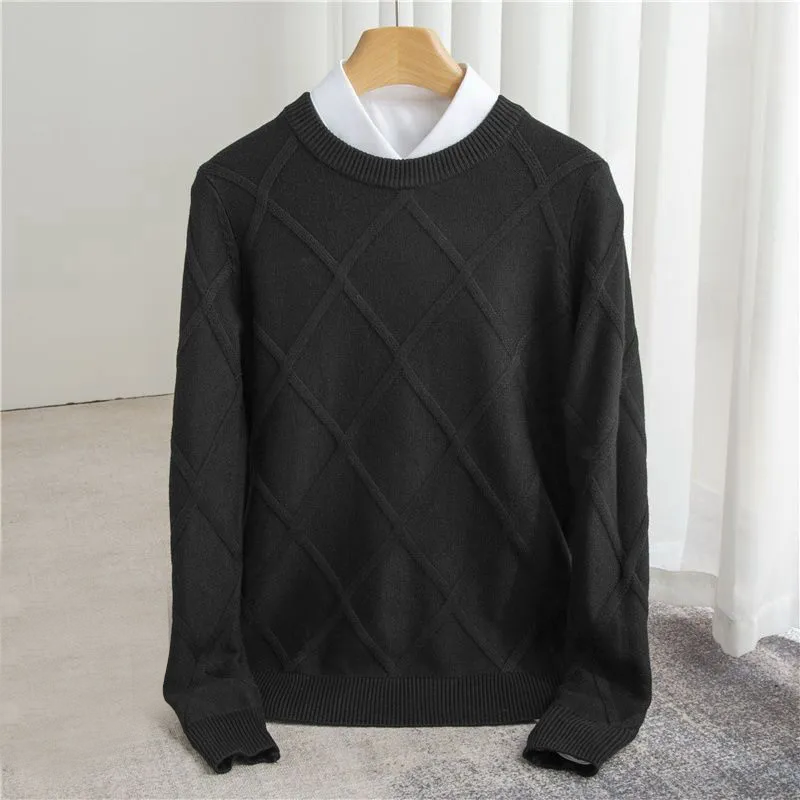 Pull col rond homme en laine à motif argyle et bords-côtes 5