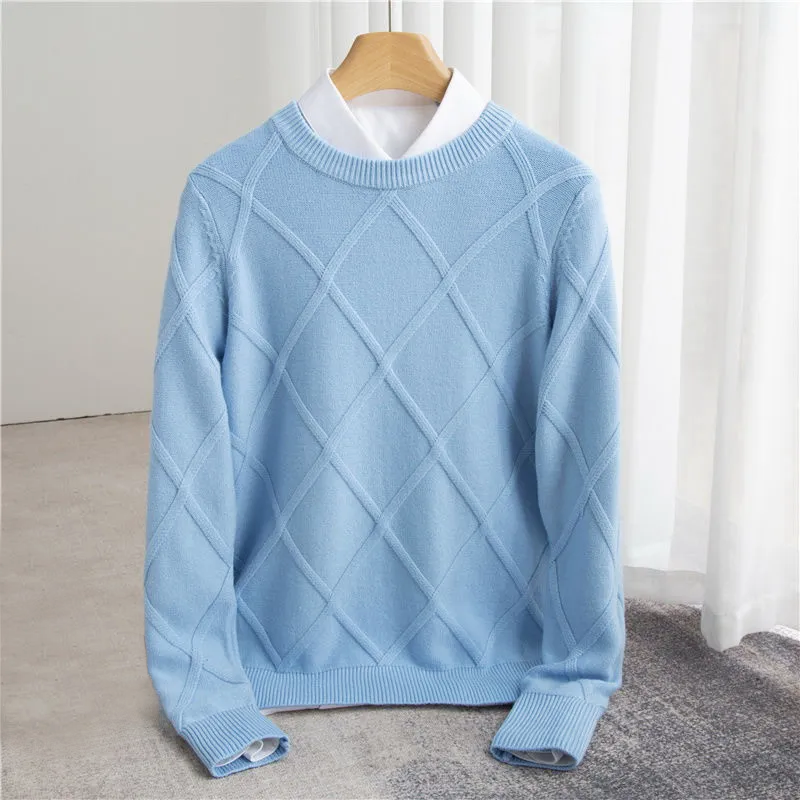 Pull col rond homme en laine à motif argyle et bords-côtes 7