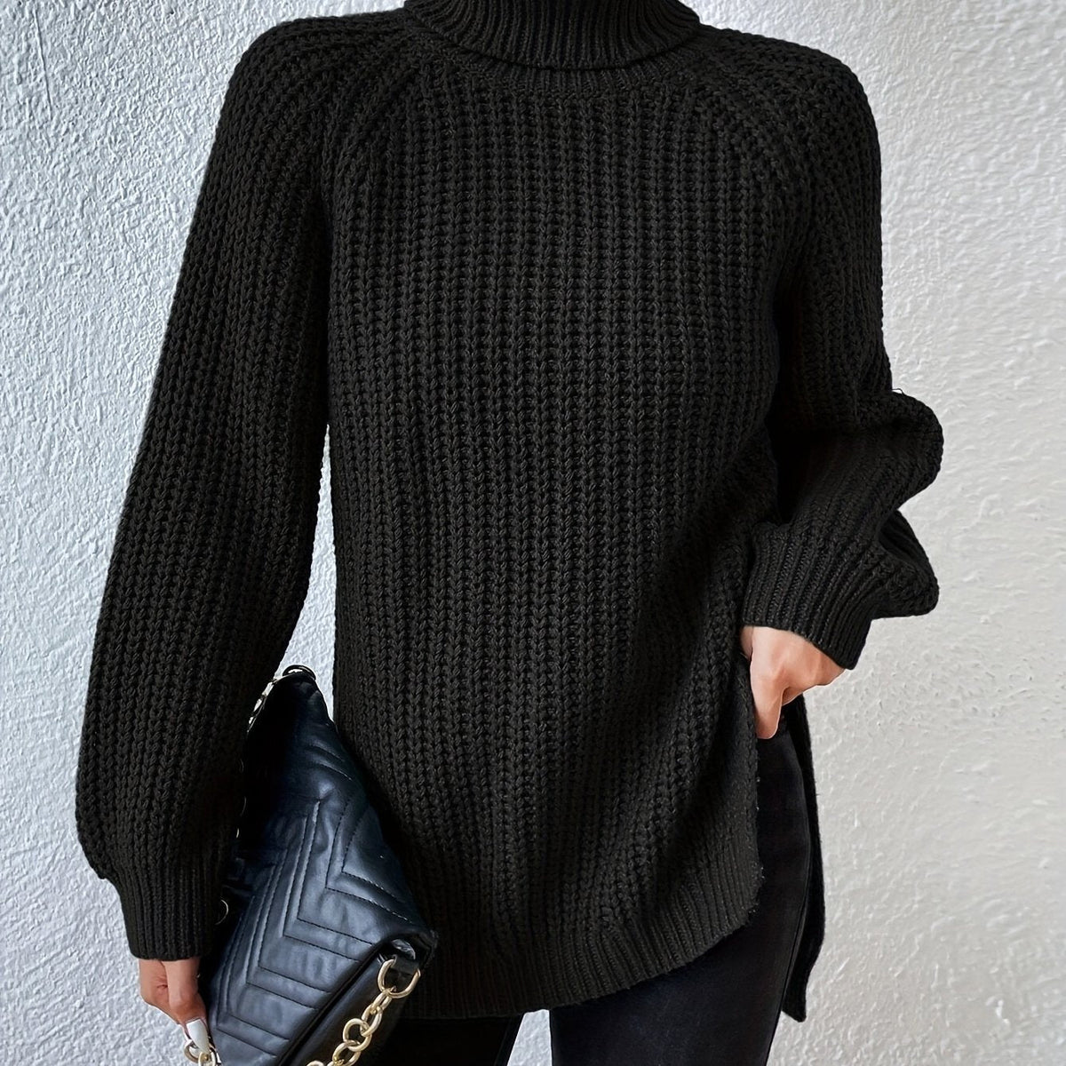 Pull col roulé femme en grosse maille à manches raglan 14