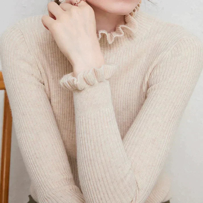 Pull col roulé femme en laine à volants cintré 1