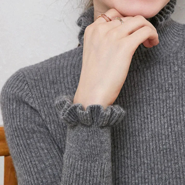 Pull col roulé femme en laine à volants cintré 2