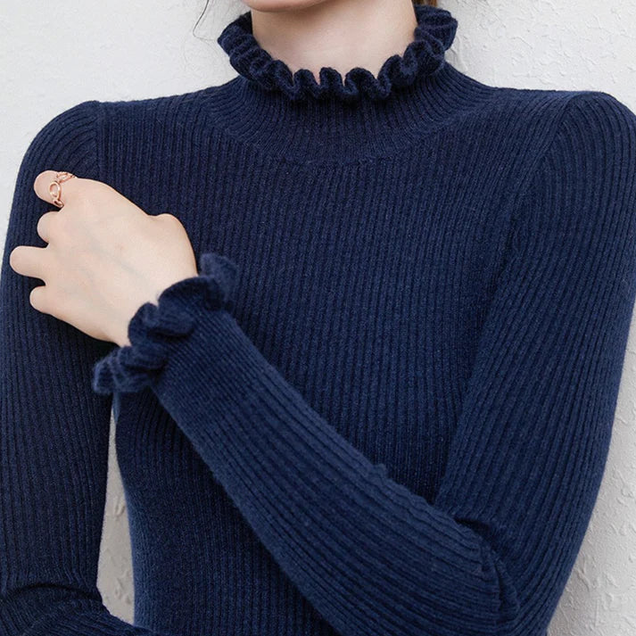 Pull col roulé femme en laine à volants cintré 5