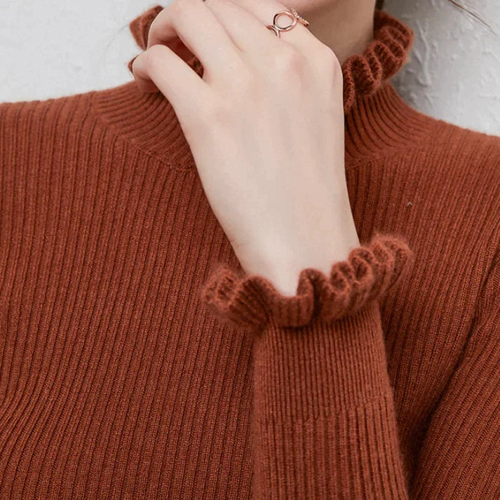 Pull col roulé femme en laine à volants cintré 7