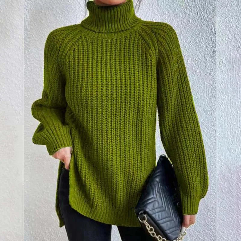 Pull col roulé femme en maille côtelée coupe ample 1