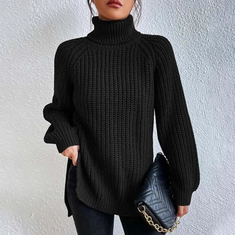Pull col roulé femme en maille côtelée coupe ample 2