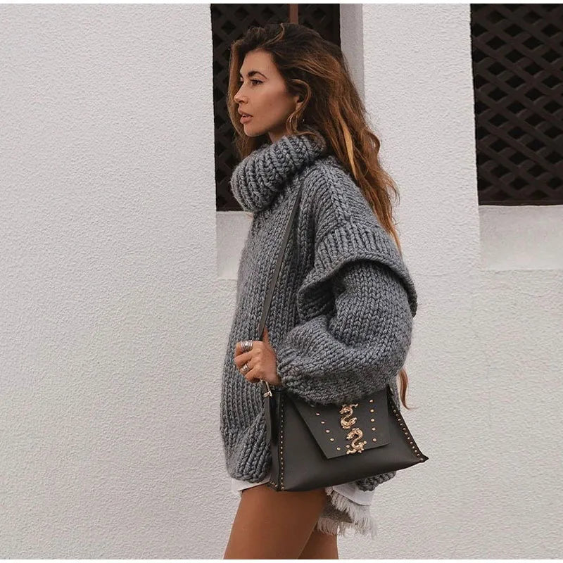 Pull col roulé femme oversize en grosse maille épaisse 14