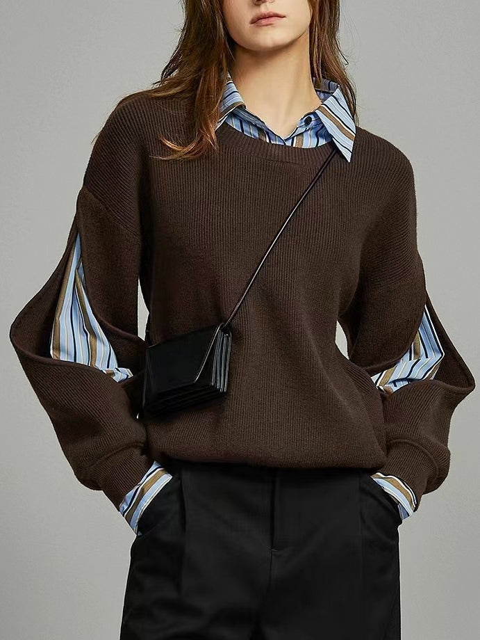 Pull côtelé femme effet superposé 2 en 1 col rond manches longues 1