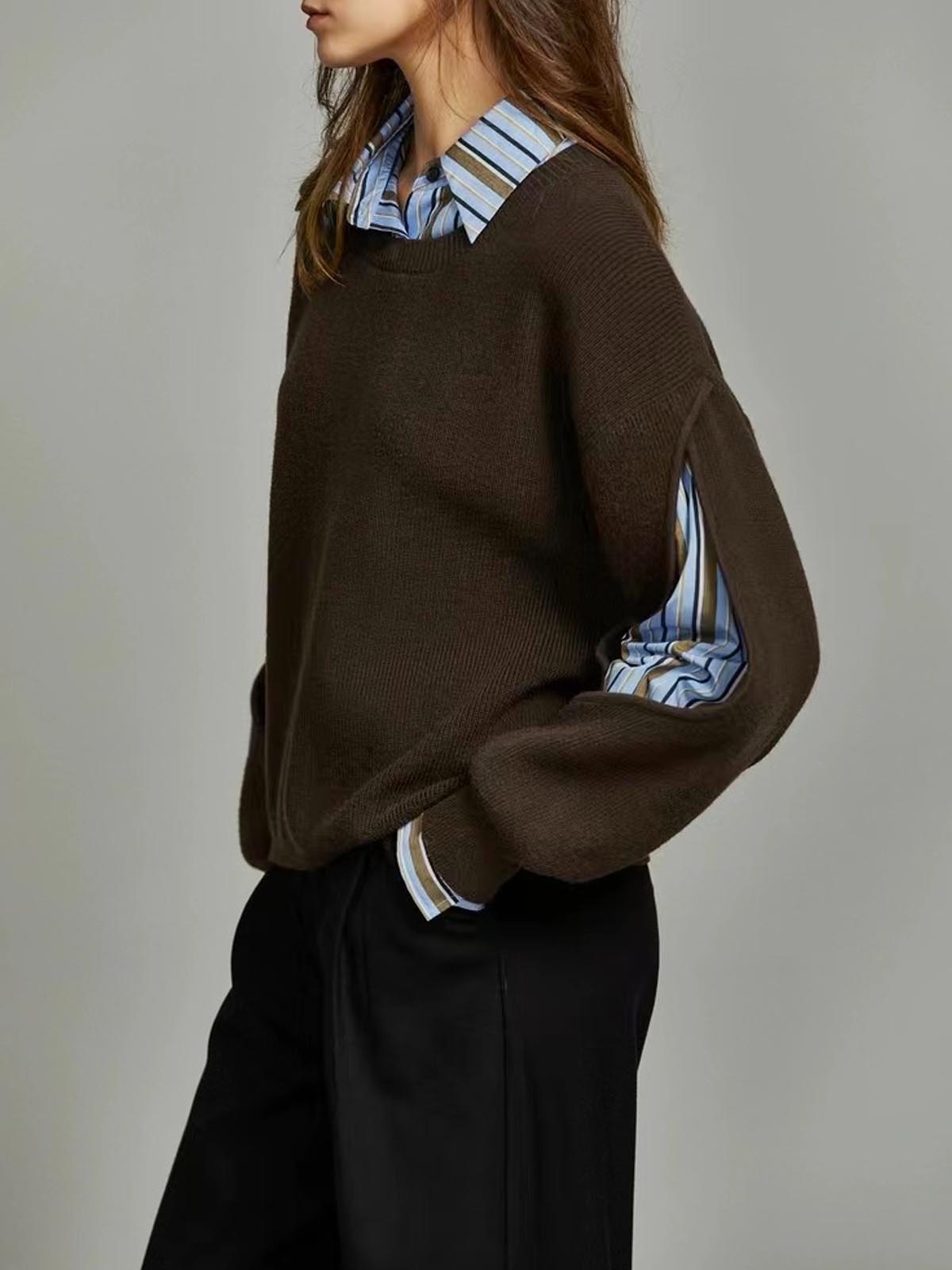 Pull côtelé femme effet superposé 2 en 1 col rond manches longues 3
