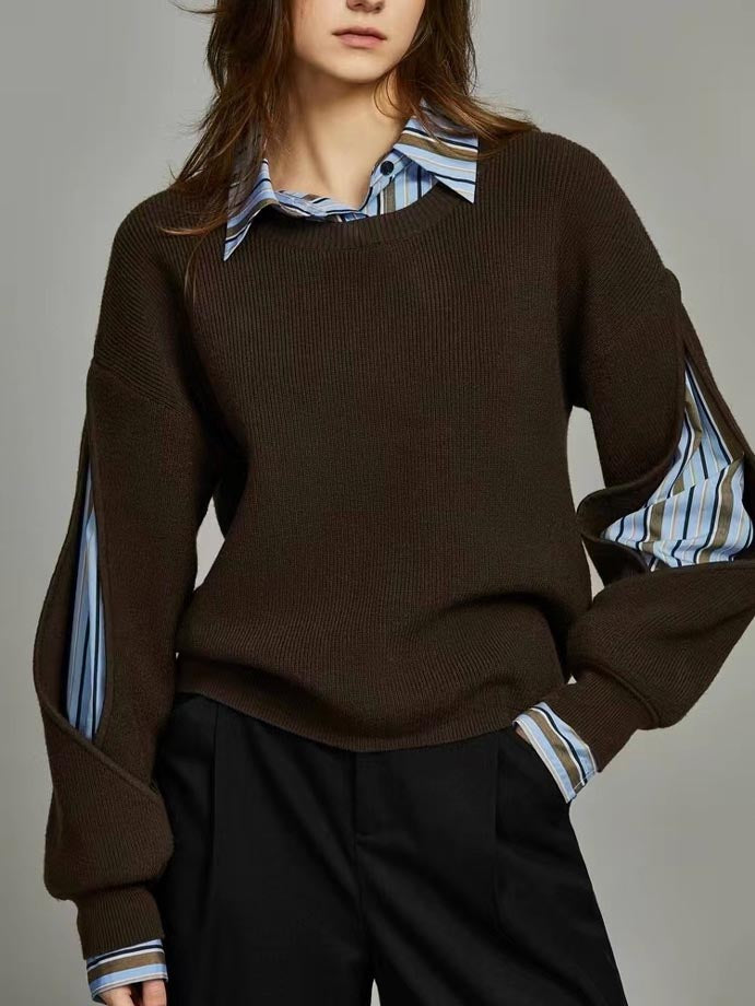 Pull côtelé femme effet superposé 2 en 1 col rond manches longues 4