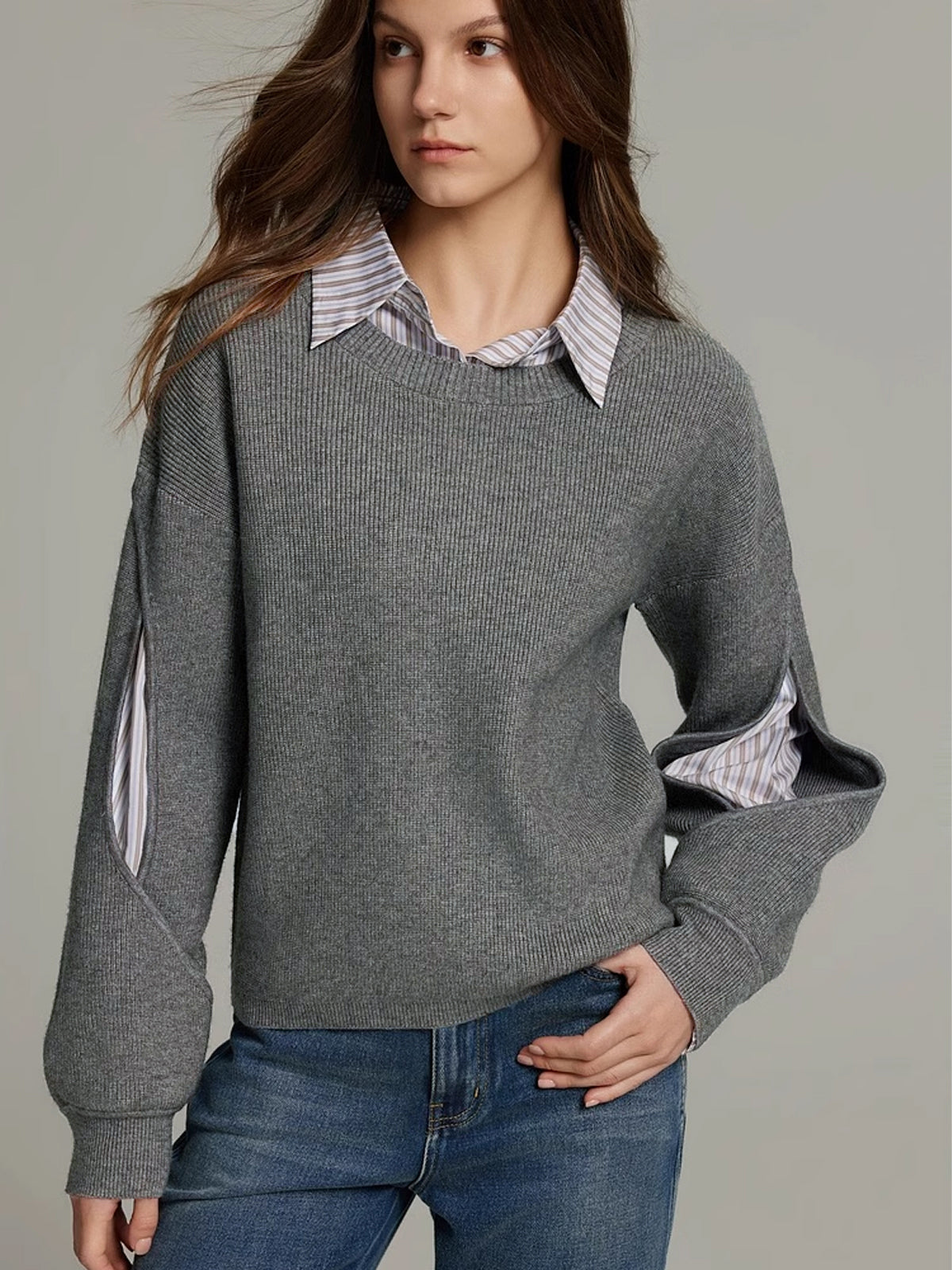 Pull côtelé femme effet superposé 2 en 1 col rond manches longues 6
