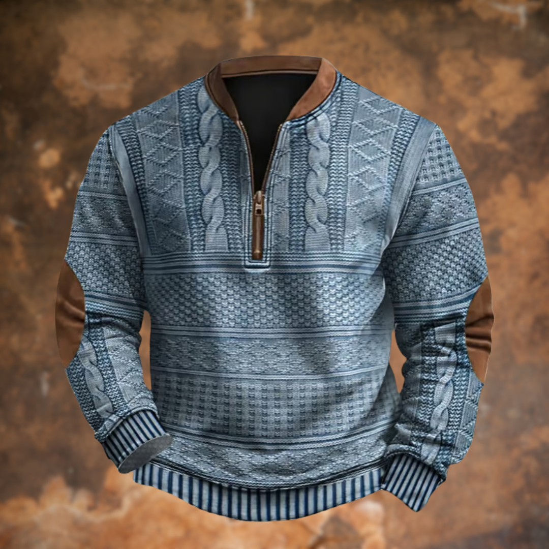 Pull demi-zip homme col camionneur en maille torsadée à coudières contrastées 1