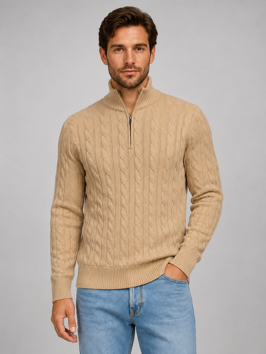 Pull demi-zip homme en maille torsadée à col montant 1