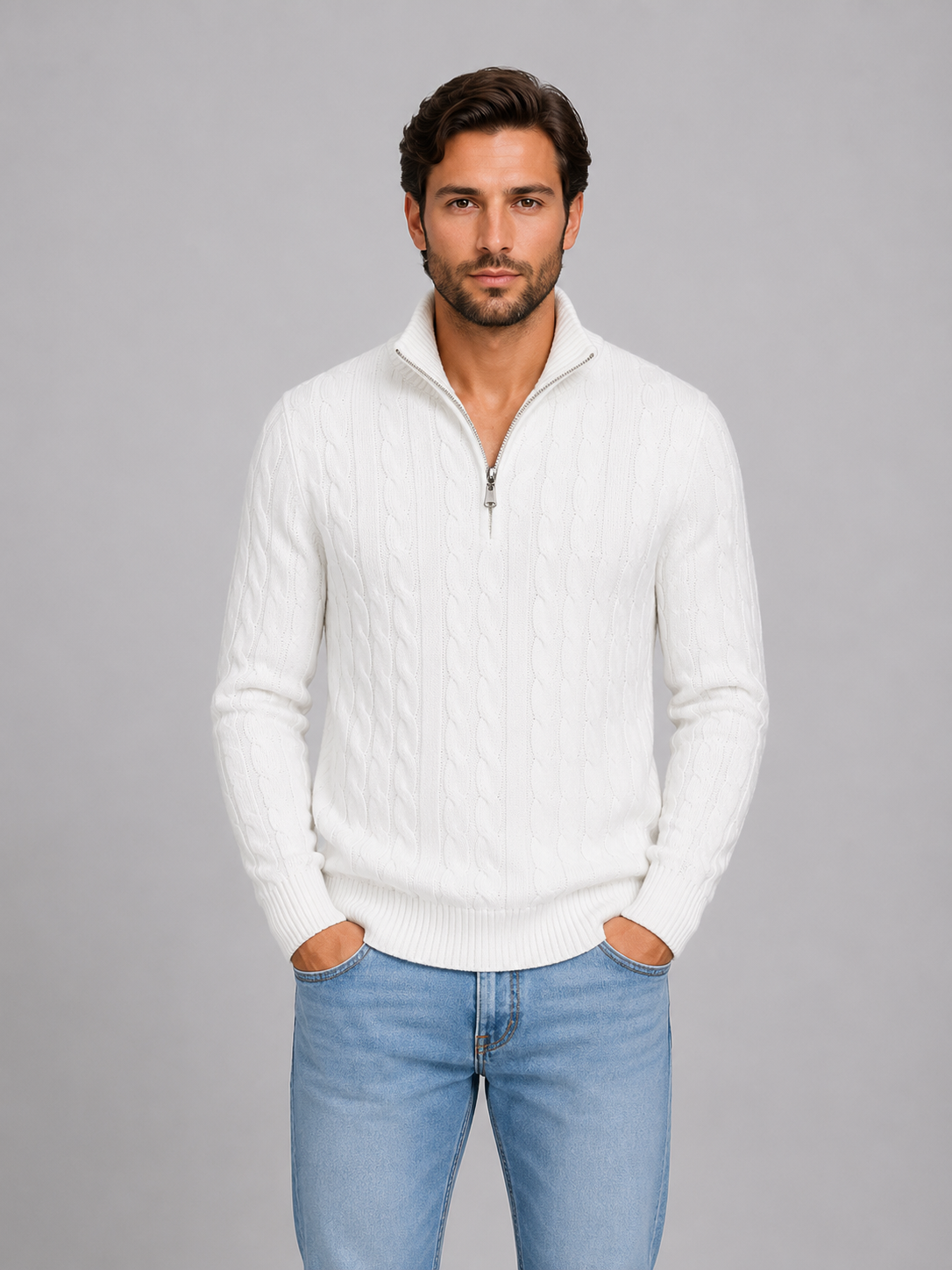 Pull demi-zip homme en maille torsadée à col montant 3