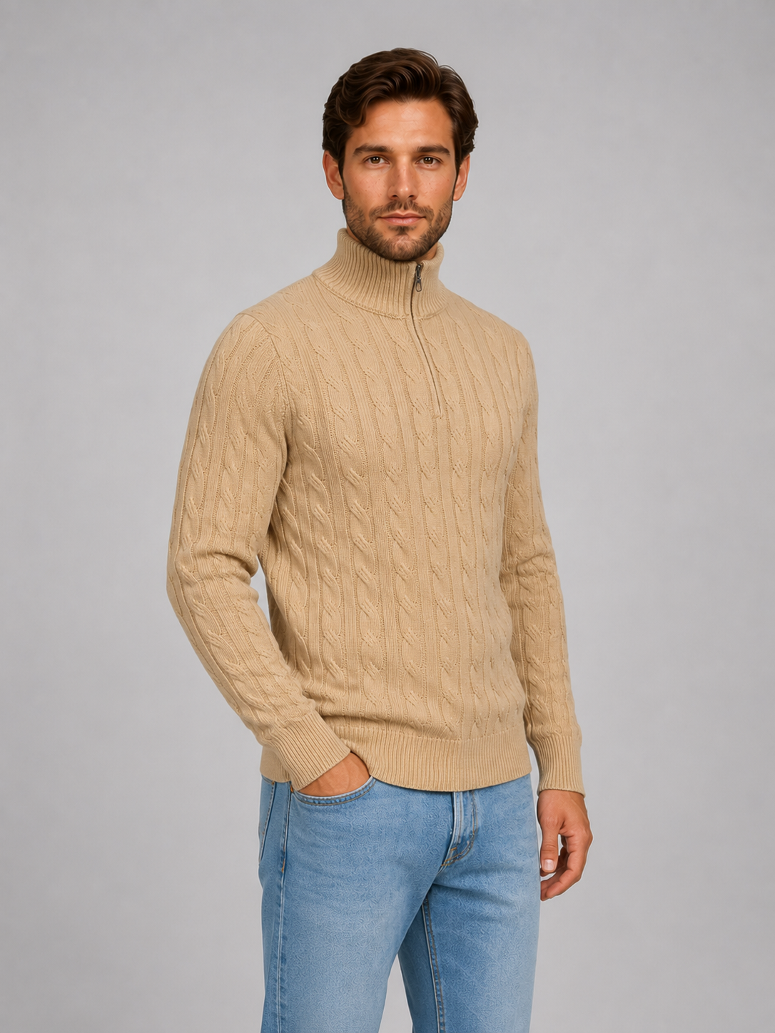 Pull demi-zip homme en maille torsadée à col montant 7
