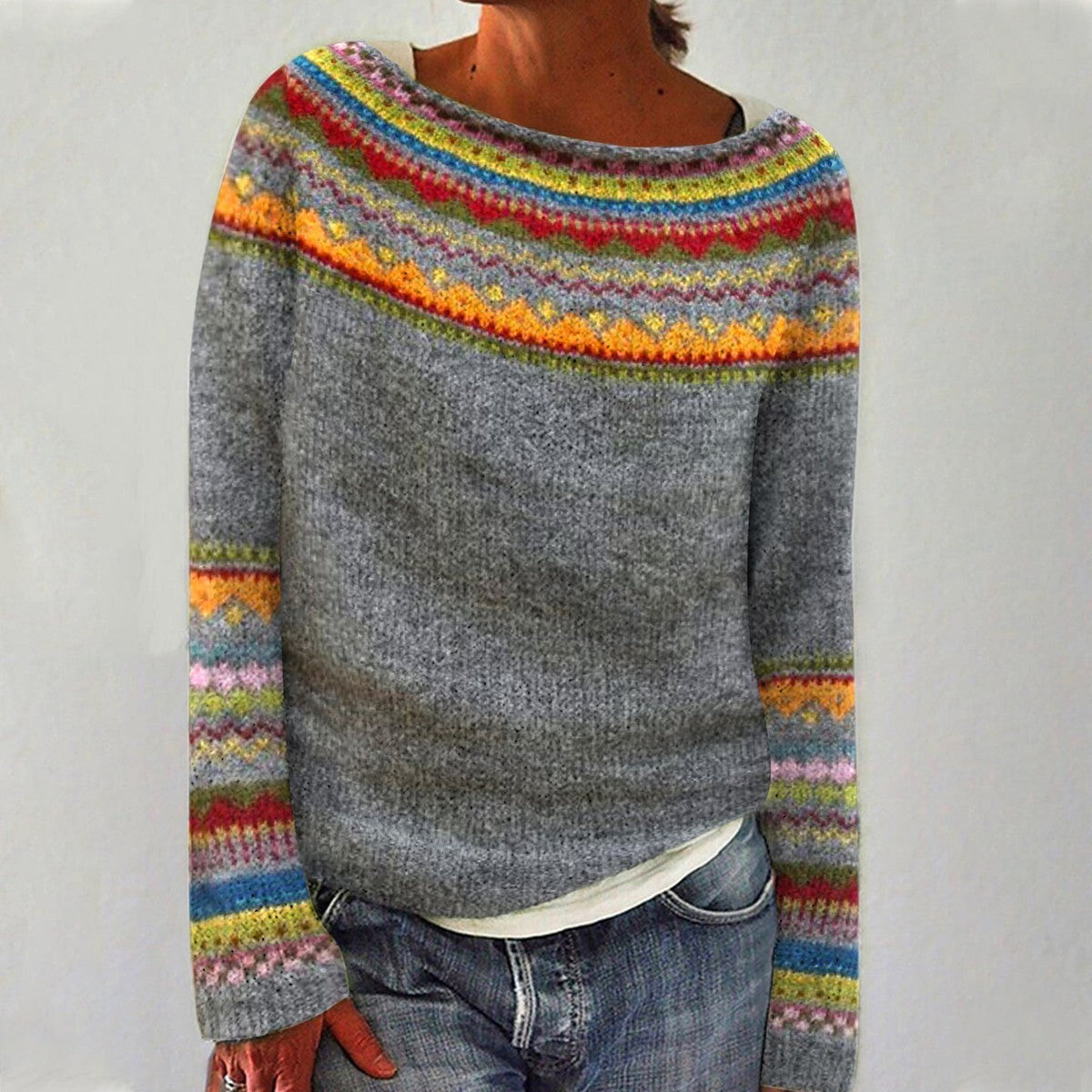 Pull en maille femme à col rond et motif jacquard 1