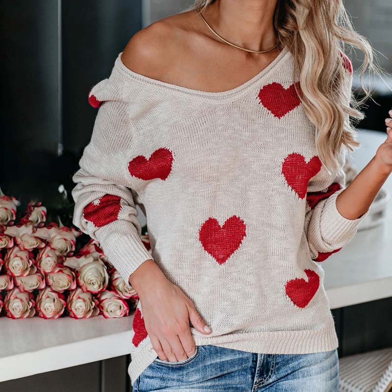 Pull en maille femme à motif coeur col V manches longues 10