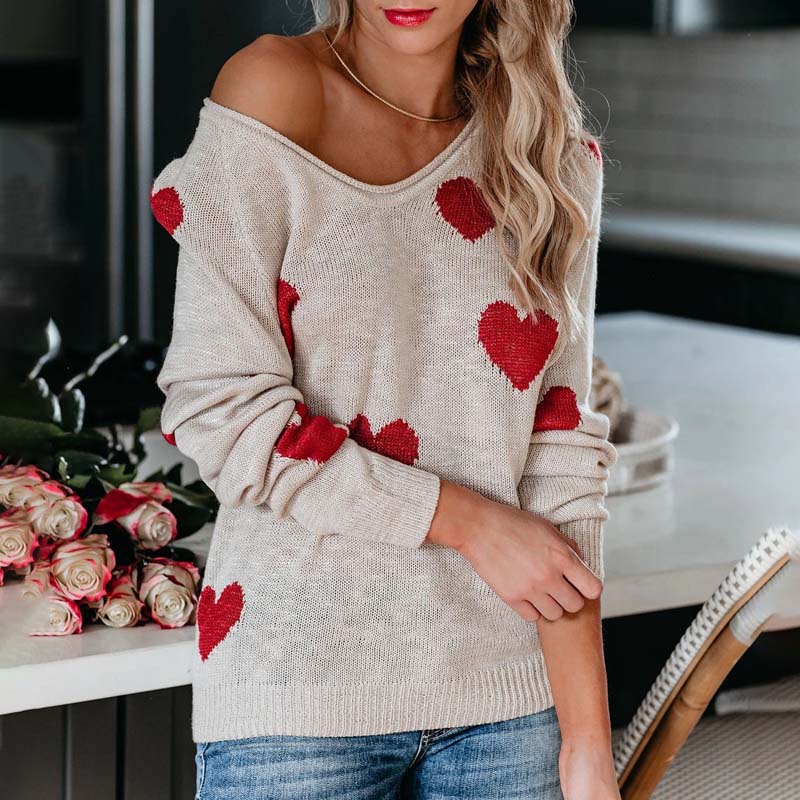 Pull en maille femme à motif coeur col V manches longues 11