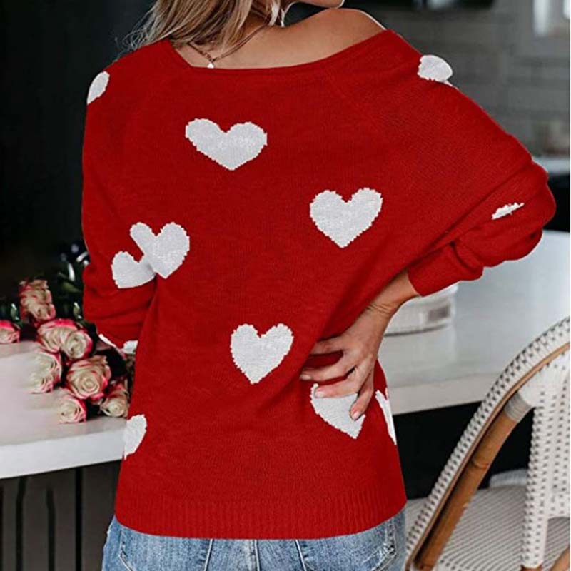 Pull en maille femme à motif coeur col V manches longues 17