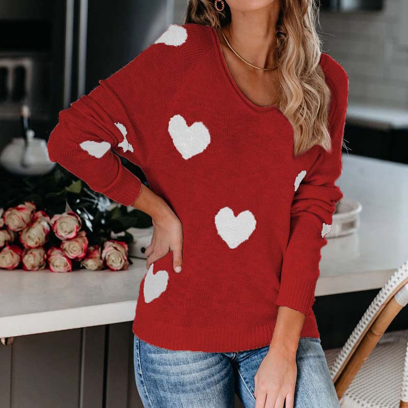 Pull en maille femme à motif coeur col V manches longues 18