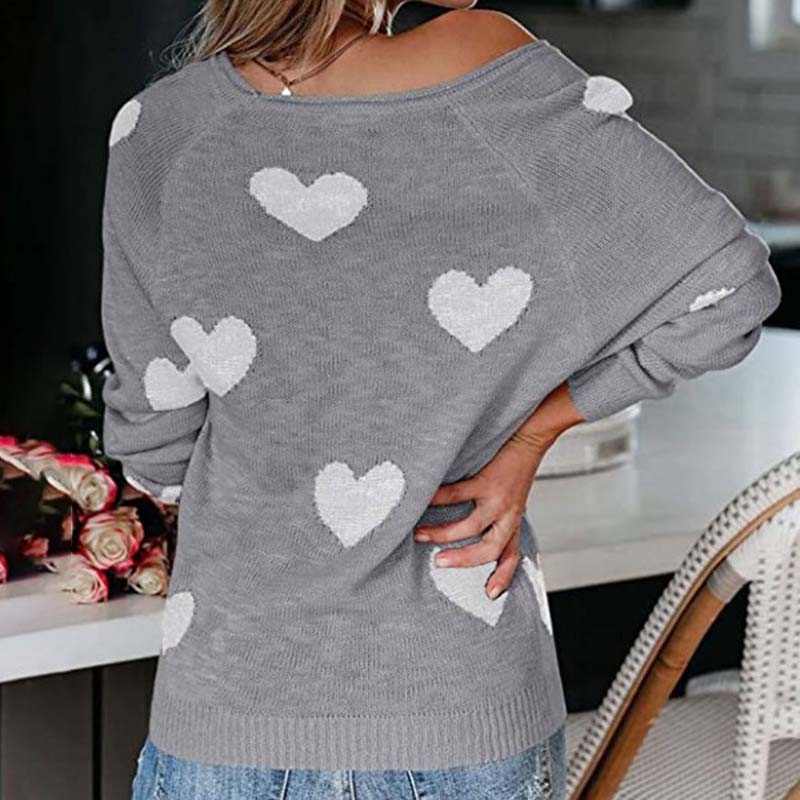 Pull en maille femme à motif coeur col V manches longues 20