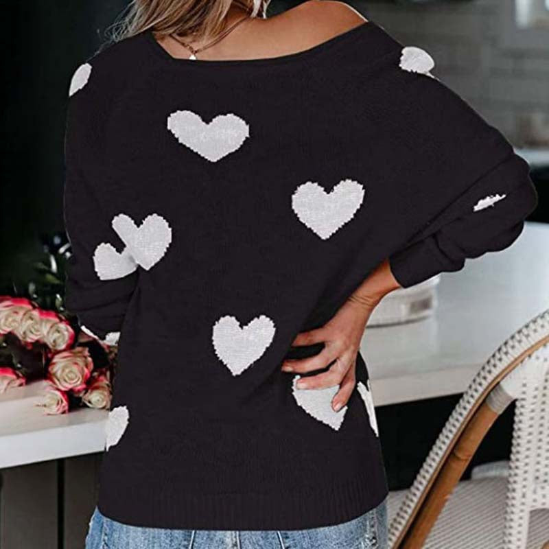 Pull en maille femme à motif coeur col V manches longues 22