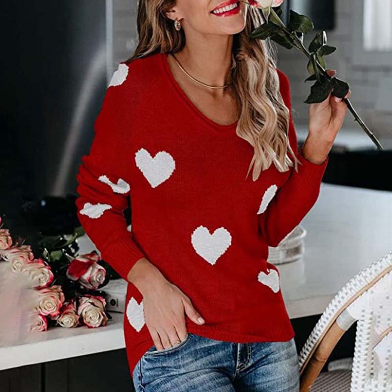 Pull en maille femme à motif coeur col V manches longues 3