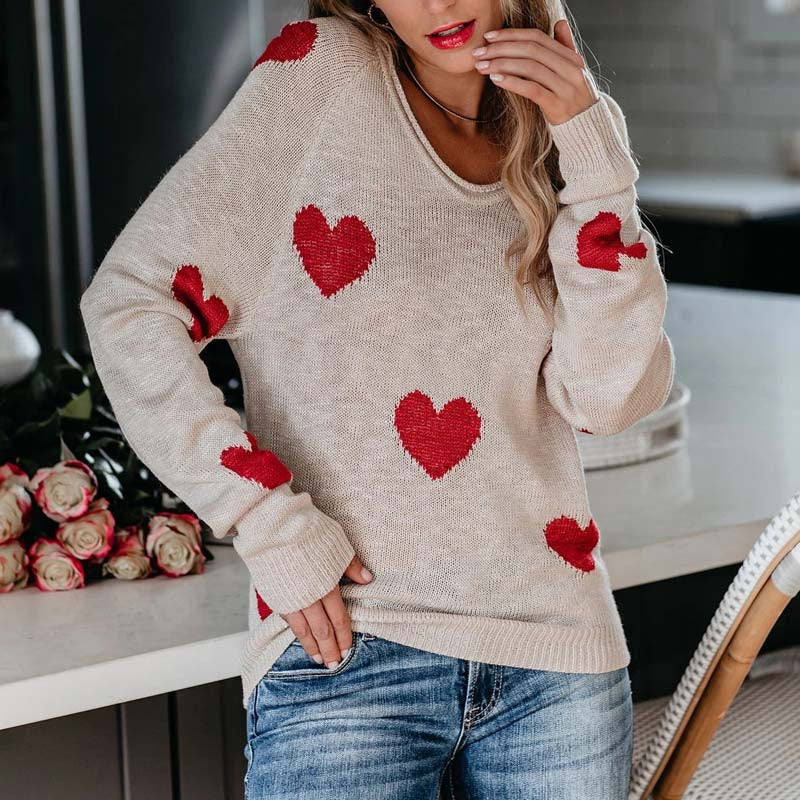 Pull en maille femme à motif coeur col V manches longues 8