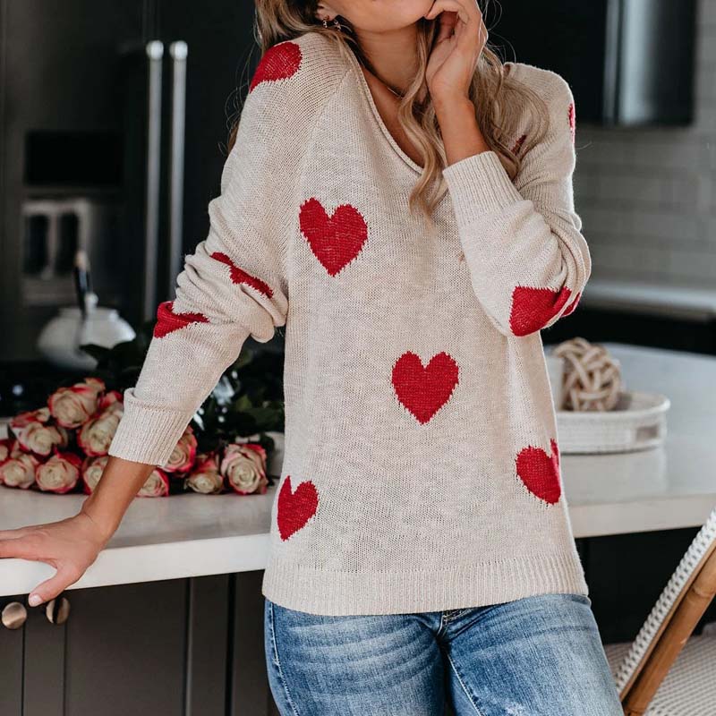 Pull en maille femme à motif coeur col V manches longues 9