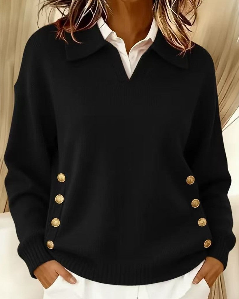 Pull femme col polo à boutons dorés manches longues 3