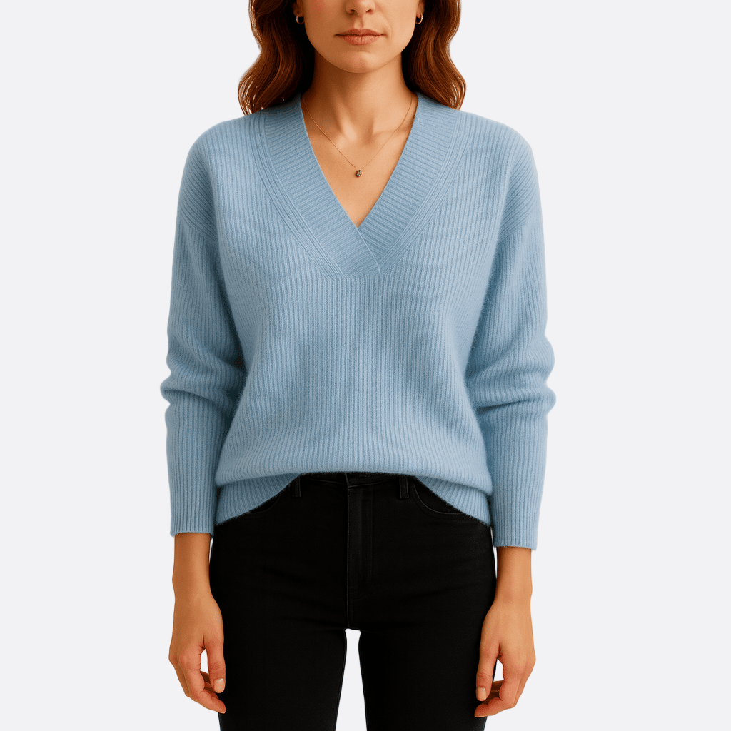 Pull femme col V en maille côtelée à manches longues 1