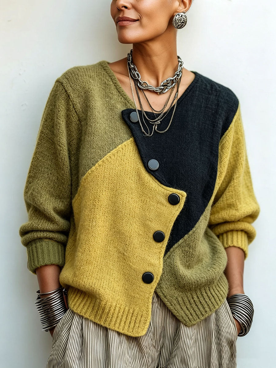 Pull femme color-block en maille à boutons asymétriques 1