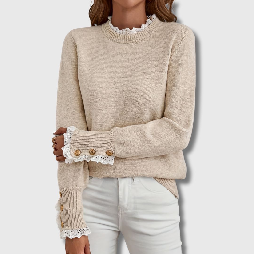 Pull femme en maille à col rond avec dentelle et poignets boutonnés 1