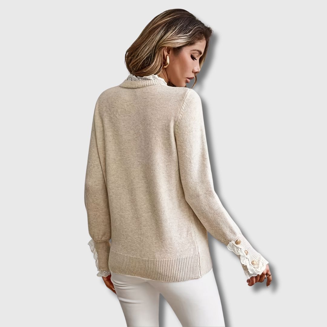 Pull femme en maille à col rond avec dentelle et poignets boutonnés 2