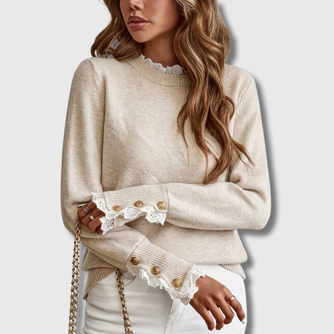 Pull femme en maille à col rond avec dentelle et poignets boutonnés 4