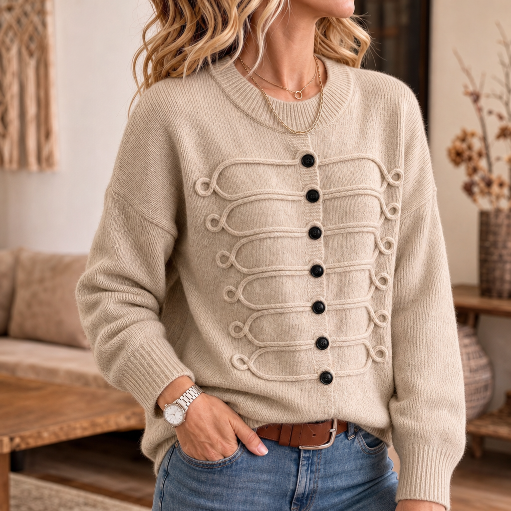 Pull femme en maille à col rond avec détails en cordon et boutons 1