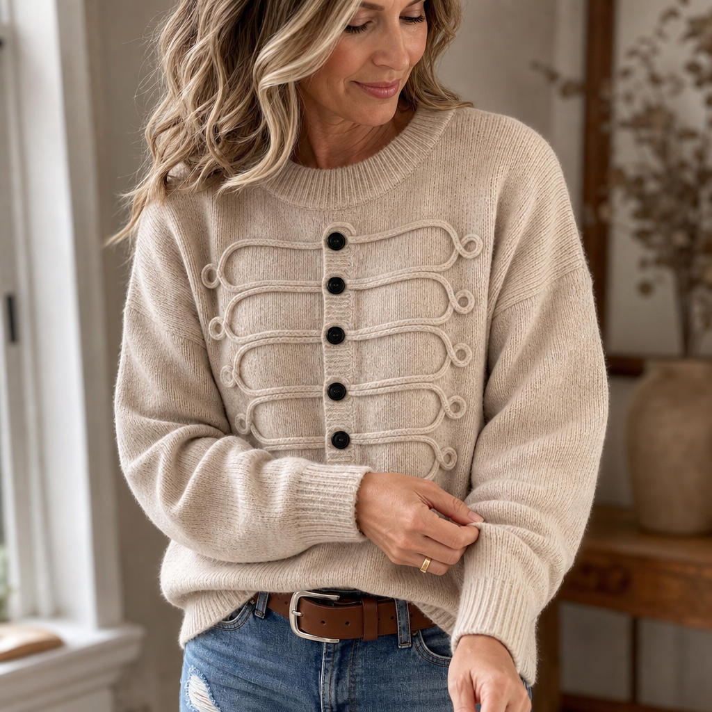 Pull femme en maille à col rond avec détails en cordon et boutons 10