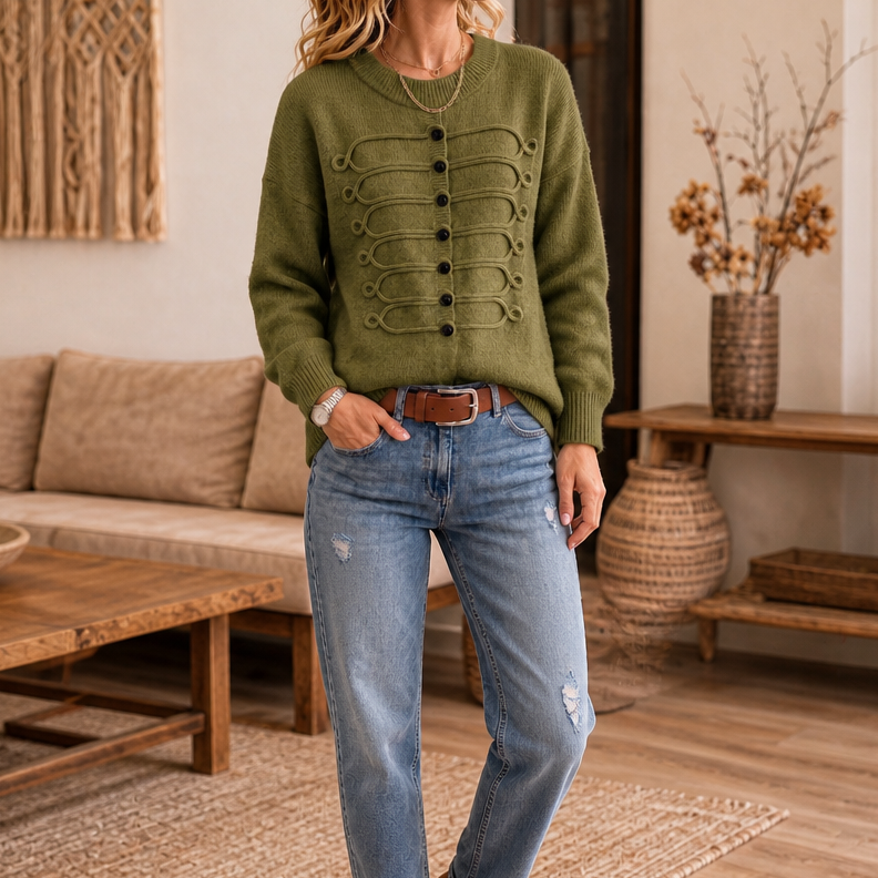 Pull femme en maille à col rond avec détails en cordon et boutons 3