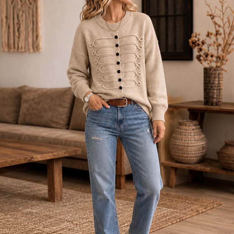 Pull femme en maille à col rond avec détails en cordon et boutons 4