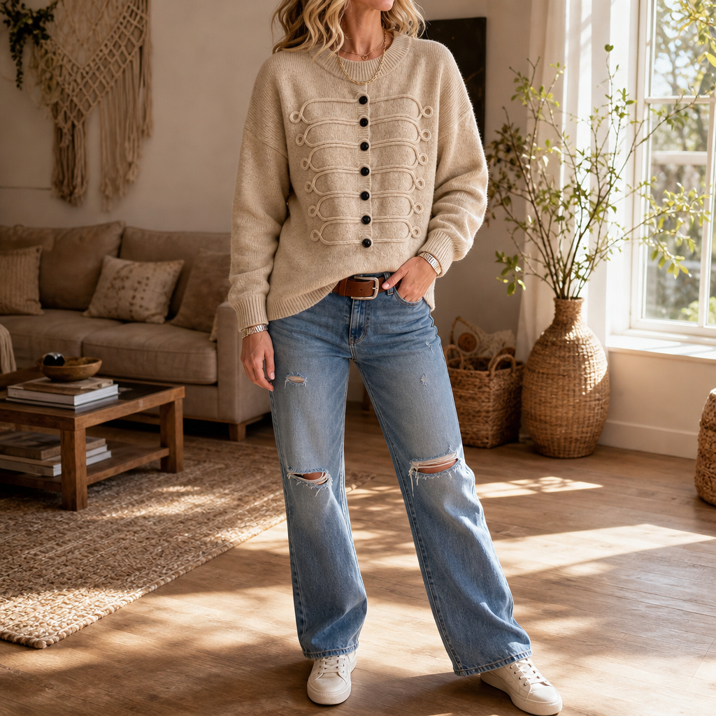 Pull femme en maille à col rond avec détails en cordon et boutons 8